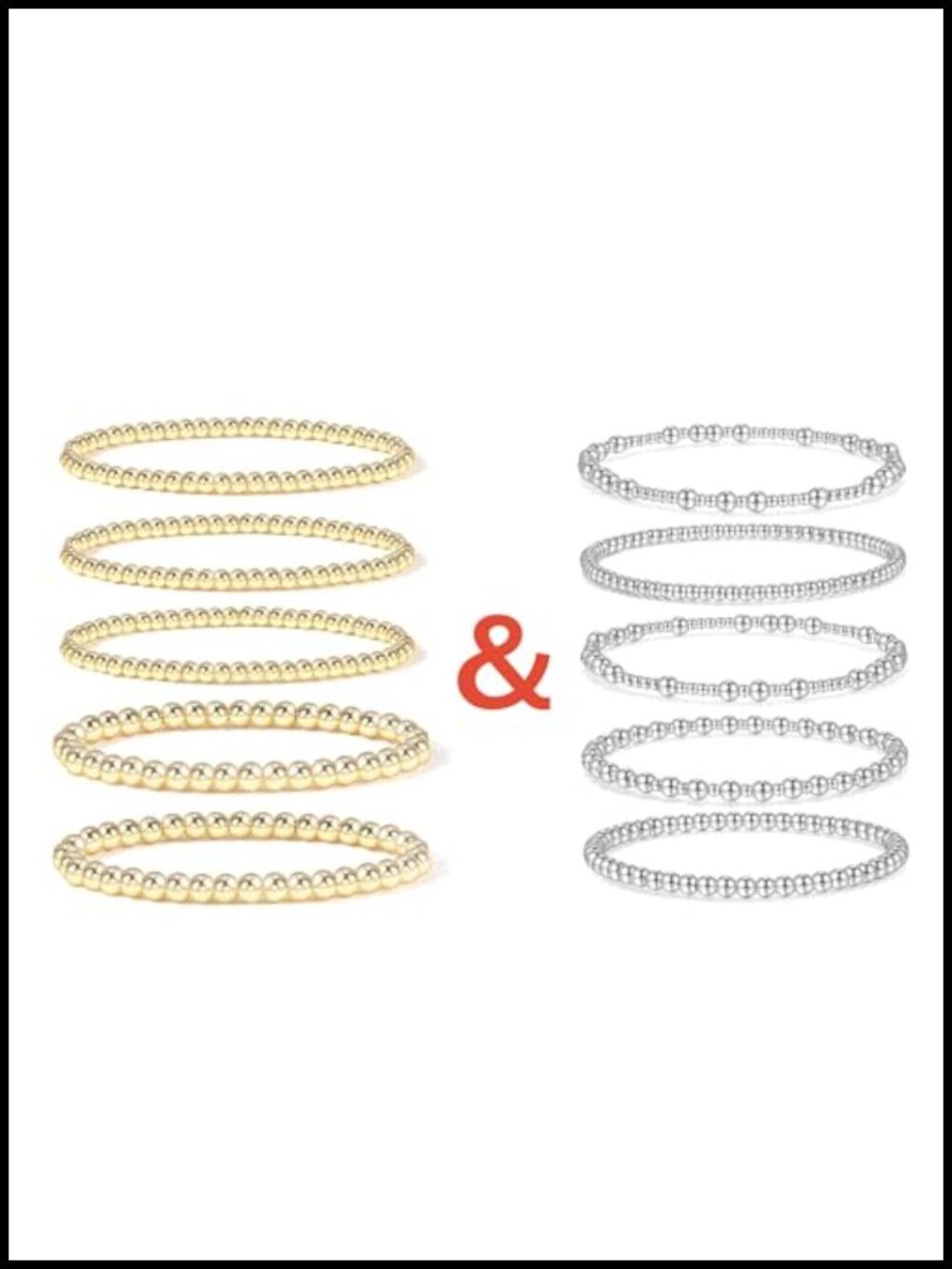 Gold Plated Silver Beaded Ball Bracelet Set Stretchable Elastic Stackable 5pc